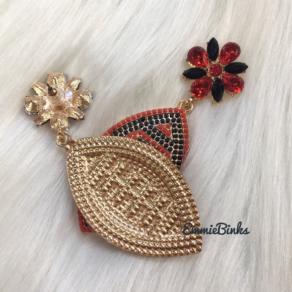 New Red & Black Rhinestone Football Drop Dangle Earrings - Picture 7 of 12